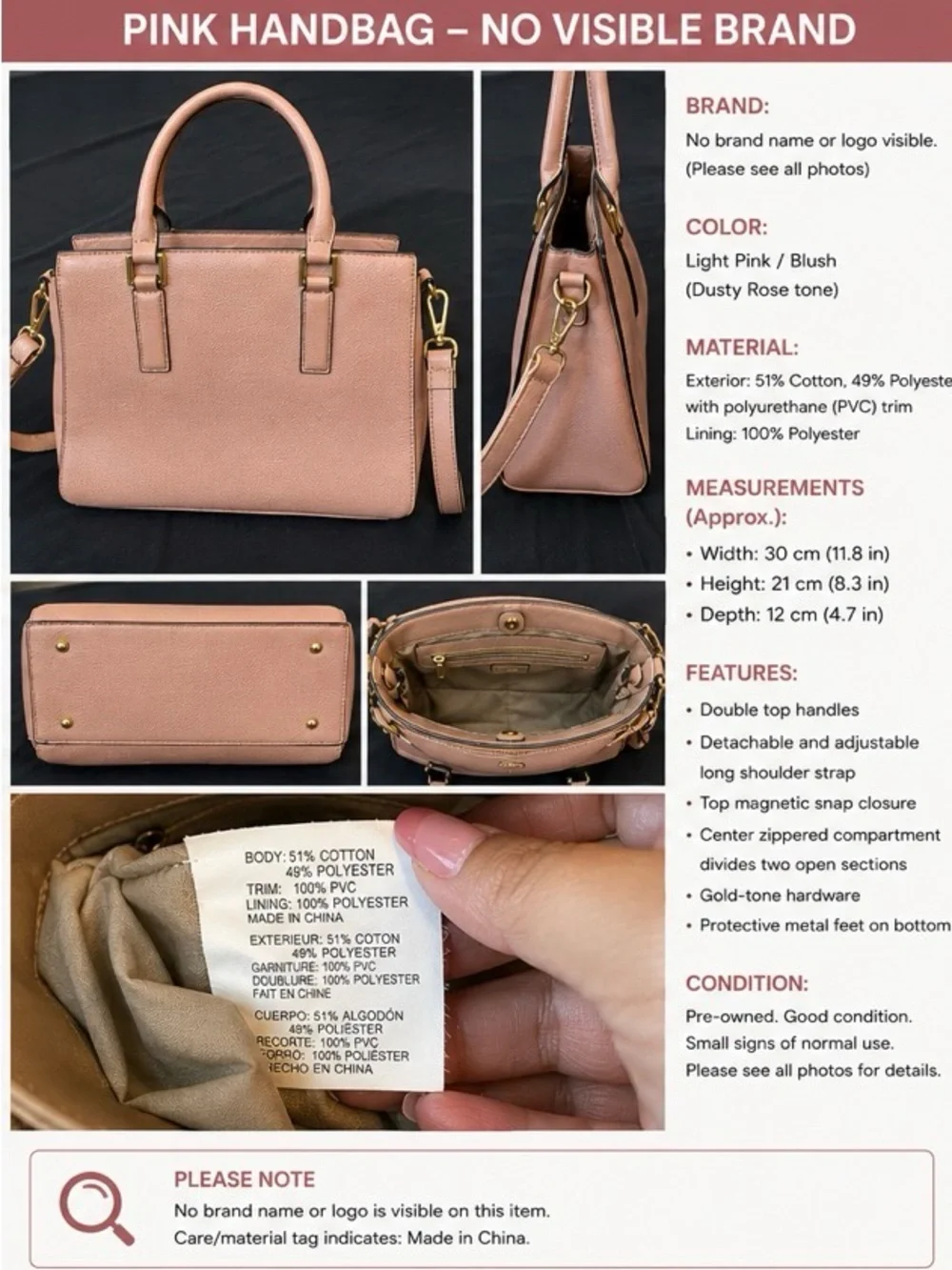 Dusty Rose Satchel with Detachable Strap - No Visible Brand